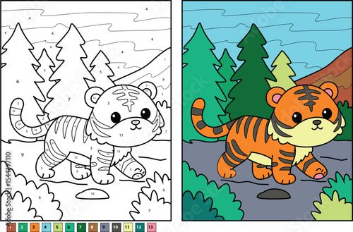 Cute Cartoon Tiger Walking in a Forest Landscape Coloring Page with Numbers, Color Key, and Finished Colored Version - Ideal for Kids' Educational Activities, Coloring Books, and Fun Learning