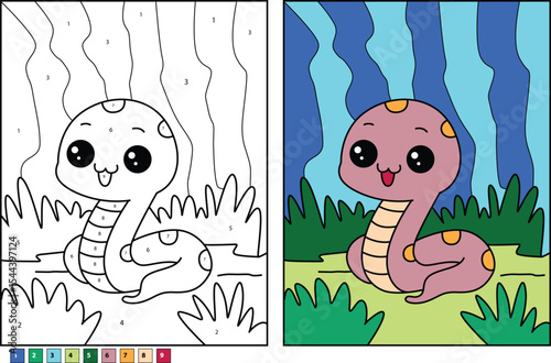 Cute cartoon snake in grass, an educational color by number page for children with the finished colored illustration side by side, perfect for kids' activities and learning.