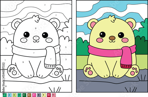 Cartoon Polar Bear Color by Number Activity, Cute Animal Illustration with Scarf, Coloring Page for Children with Color Key, Winter Theme.