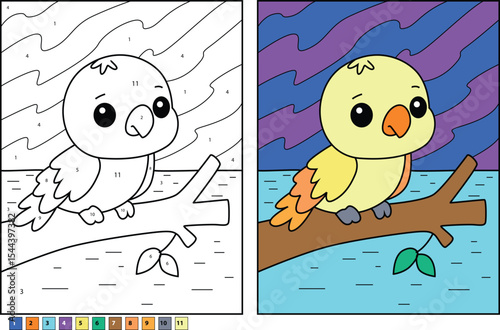 Cute cartoon baby parrot bird sitting on a tree branch. Split image showing black and white line art color by number page and the completed colorful version. Educational children's activity.