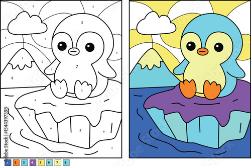 Cute cartoon baby penguin sits on a floating iceberg in the arctic ocean. Detailed color by number illustration with numbers and corresponding palette for a fun educational activity for kids.