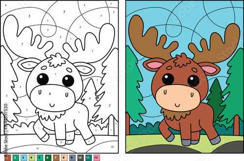 Adorable Cartoon Moose Standing in Nature with Trees and Sky, Presented as a Color by Number Page and its Completed Colored Version for Children's Education, Activity Books, or Fun Projects.