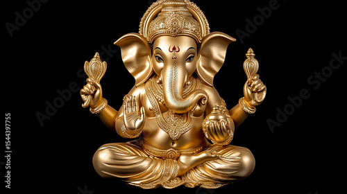 Golden Lord Ganesha statue, sitting cross legged, ornate, spiritual, peaceful, black background