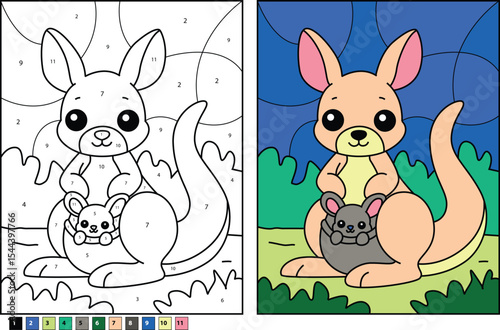Cartoon mother kangaroo with joey. Fun color by number and colored versions for kids' activities.