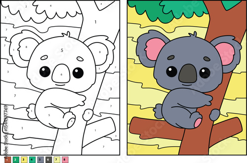 Adorable cartoon koala bear sitting on a tree branch illustration, perfect for children's coloring books, educational activities, printables, and cute animal character designs for kids.