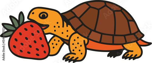 Smiling Turtle with Strawberry Vector Illustration