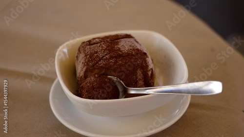 Close up of a delicious tartufo ice cream dessert sprinkled with cocoa powder, served in a white bowl with a spoon, in Pizzo, Calabria, Italy