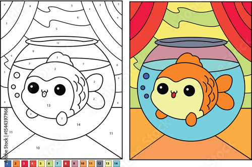 Cartoon Goldfish in Bowl Color By Number Activity for Children, Educational Worksheet with Numbered Coloring Page