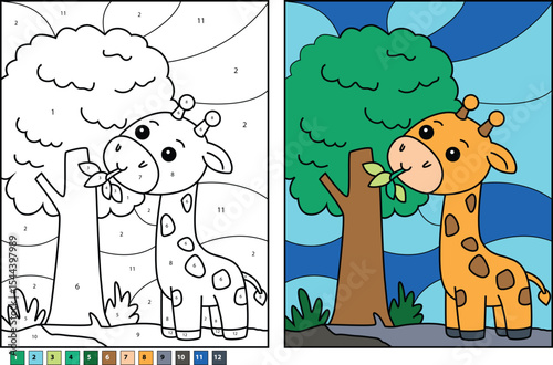 Adorable Cartoon Giraffe Eating Green Leaves from a Tree Illustration with Color by Number Template and Completed Version for Children's Educational Activity Book or Kids' Crafts