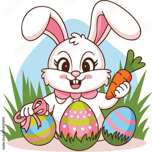 Cute Easter Bunny with Eggs and Carrots - Vector Illustration.