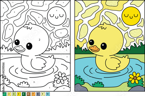 Cute Cartoon Duckling Color by Number Activity Page: Outline and Colored Illustration of Duckling in Pond with Sun and Flowers, Educational Vector Art for Kids