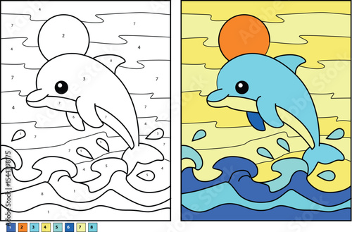 Adorable cartoon dolphin leaps out of the ocean waves under a bright sun in this illustration featuring the color-by-number outline page and the completed vibrant colored version side-by-side.