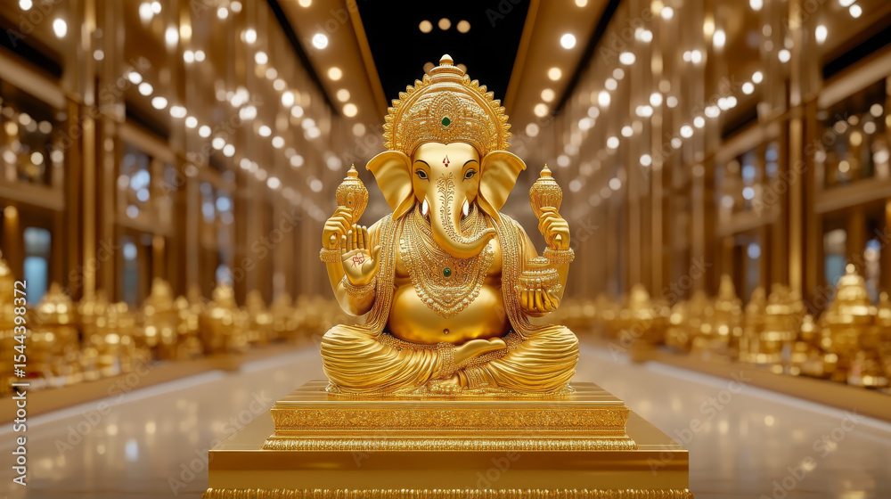 Fototapeta premium Golden Lord Ganesha statue, ornate, spiritual, majestic, temple interior, glowing ambiance