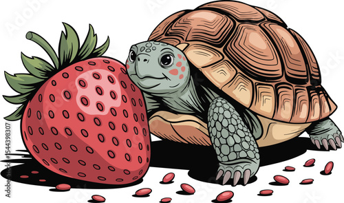 Smiling Turtle with Strawberry Vector Illustration