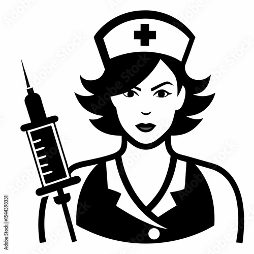 nurse with syringe silhouette vector black on white background