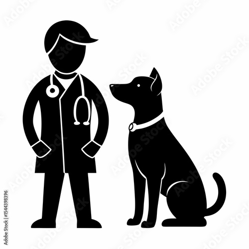veterinarian with dog silhouette vector black on white background