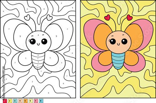 Fun Cartoon Butterfly Color By Number Puzzle with Completed Picture - Educational Activity for Kids to Learn and Play