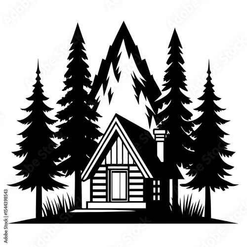 cabin in woods silhouette vector black on white background