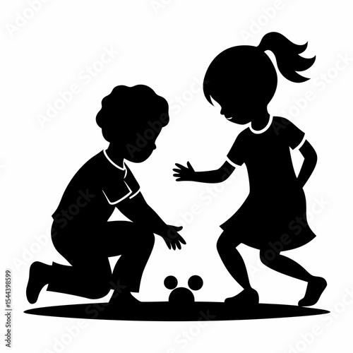 siblings playing silhouette vector black on white background
