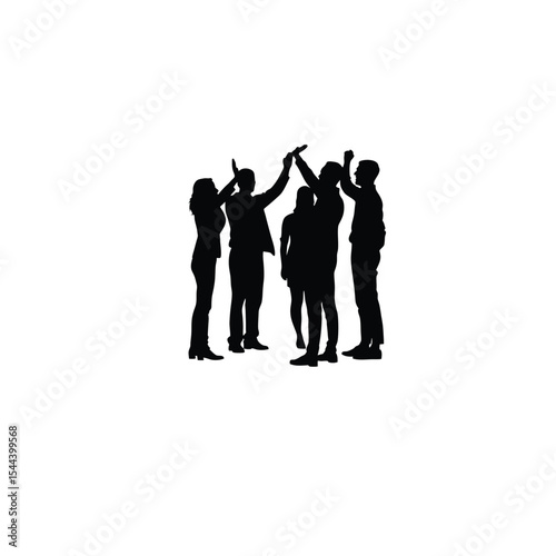 Silhouette of coworkers brainstorming in a team huddle on white background