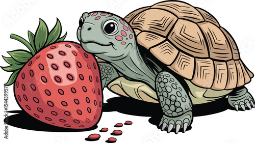 Smiling Turtle with Strawberry Vector Illustration