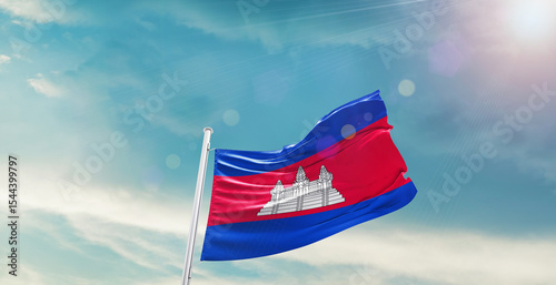 Cambodia national flag waving with beautiful sky.  photo