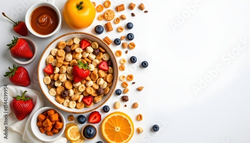 a vibrant assortment of fresh fruits, nuts, and berries arranged in an enticing way, with various bo