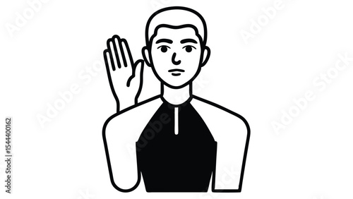 Illustration of a person with a hand raised in greeting or signaling stop with a serious expression