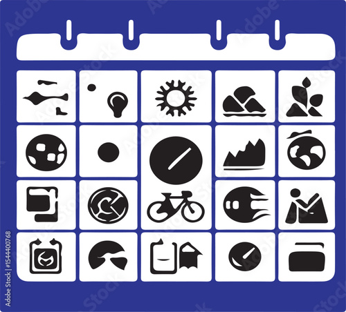 A blue calendar icon with various white symbols representing different activities and elements of nature