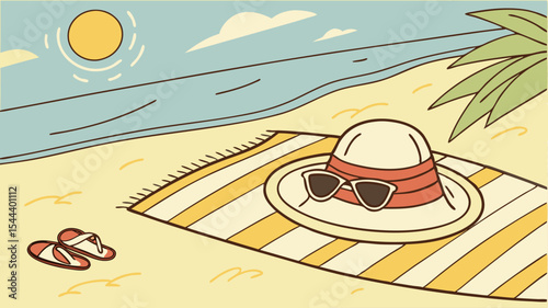 A beach scene with a hat and sunglasses on a striped towel under a palm tree and a bright sun above the sea