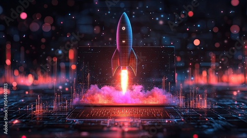 Laptop with a rocket taking off, representing the concept of earning money online, digital business, entrepreneurship, cryptocurrency, and investment, created with generative AI.