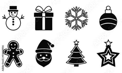 Eight black christmas icons isolated on white background