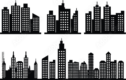 Vector Illustration of Black City Skyline Silhouettes,black and white skyline silhouette of modern city skyscrapers, realistic urban cityscape, Night town skylineicons, Set of black city silhouette,Ai