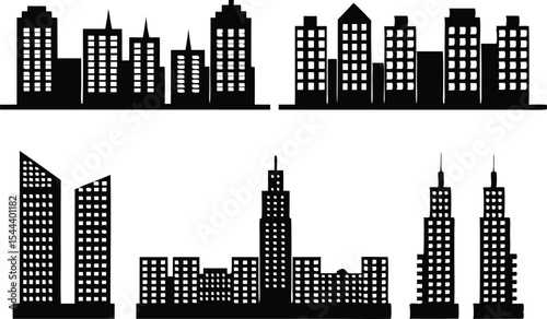 Vector Illustration of Black City Skyline Silhouettes,black and white skyline silhouette of modern city skyscrapers, realistic urban cityscape, Night town skylineicons, Set of black city silhouette,Ai