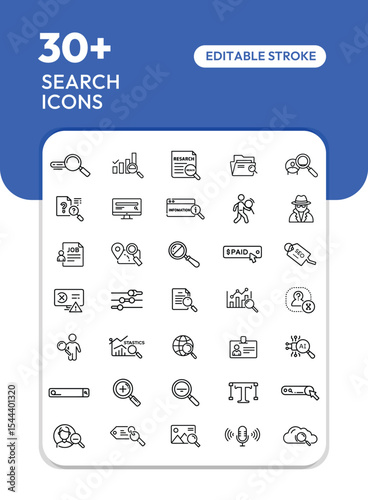 Thirty-plus editable search icons;  a collection of line art graphics depicting various search-related concepts.