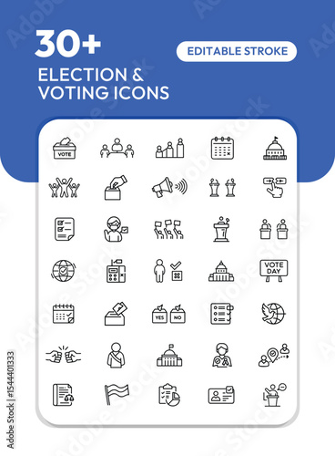 Collection of thirty-plus election and voting icons;  editable stroke line art design.