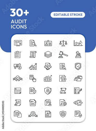 Collection of thirty-plus editable line icons representing various auditing processes and financial concepts.
