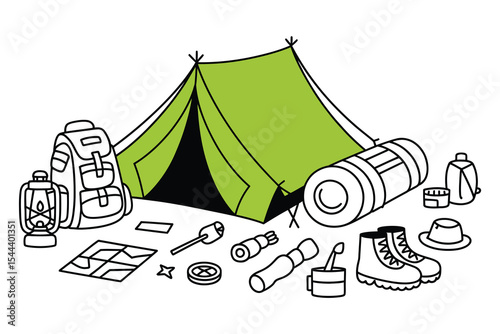 A charming vector illustration featuring a set of summer camping icons and elements, including a tent, perfect for travel and nature-themed designs