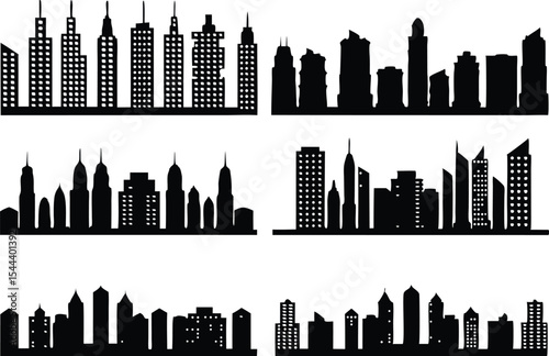 Vector Illustration of Black City Skyline Silhouettes,black and white skyline silhouette of modern city skyscrapers, realistic urban cityscape, Night town skylineicons, Set of black city silhouette,Ai