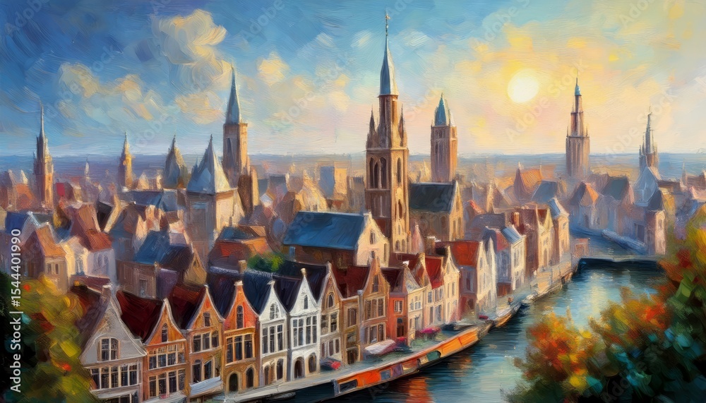Obraz premium skyline silhouette of the city of Brugge, picturesque cityscape with historic buildings and a river, bathed in warm sunlight, charm and tranquility of a European town. Tourism concept.