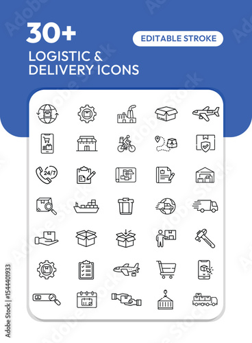 Collection of thirty-plus editable line icons depicting logistic and delivery services.