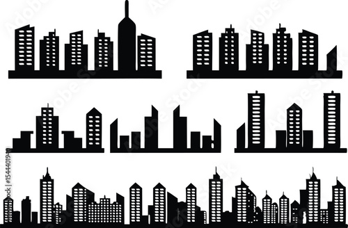 Vector Illustration of Black City Skyline Silhouettes,black and white skyline silhouette of modern city skyscrapers, realistic urban cityscape, Night town skylineicons, Set of black city silhouette,Ai