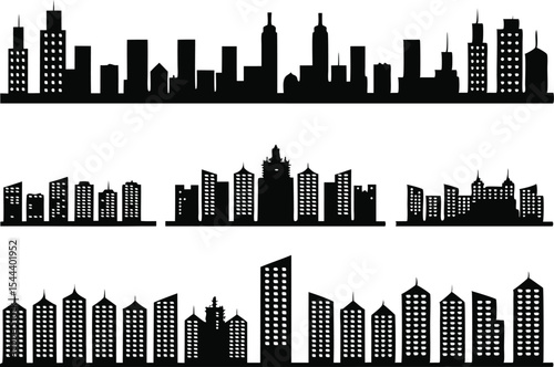 Vector Illustration of Black City Skyline Silhouettes,black and white skyline silhouette of modern city skyscrapers, realistic urban cityscape, Night town skylineicons, Set of black city silhouette,Ai