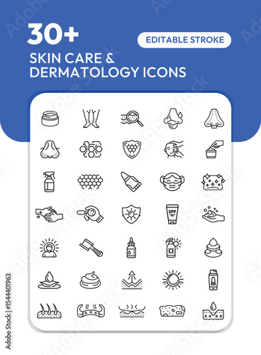 Thirty-plus editable skincare and dermatology icons;  line art depicting various treatments and products.