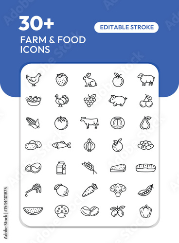 Collection of thirty-plus line icons depicting farm animals, produce, and food items.