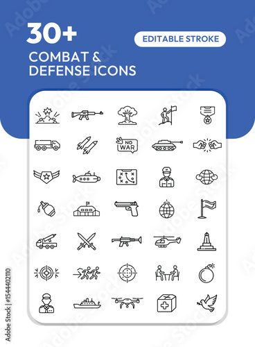 A collection of thin line icons representing combat and defense elements, including weapons, vehicles, and military symbols.