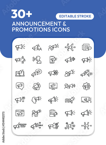 Collection of announcement and promotion icons featuring megaphones, networking, and communication symbols in a clean, outlined style.