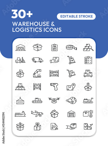 Collection of simple line art icons representing warehouse and logistics activities.