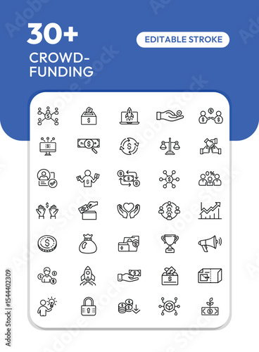 Collection of simple line icons representing various aspects of crowd funding, including financial transactions, support, and growth.