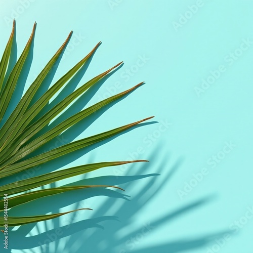 Green palm leaf and shadow on vibrant turquoise background, minimalistic tropical vibe.